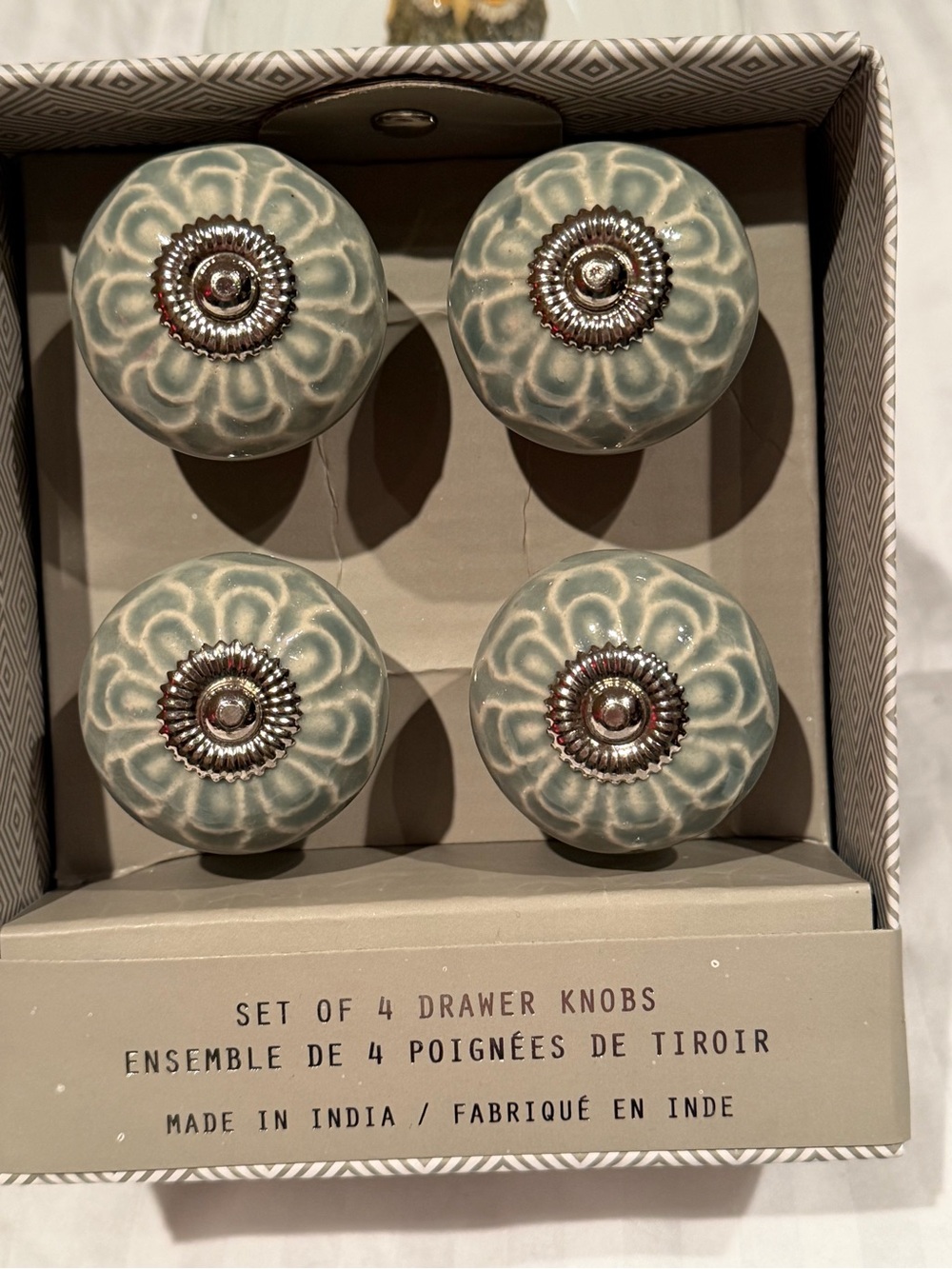 Set of 4 Ceramic Drawer Knobs in Sage Green & White with Silver Accent